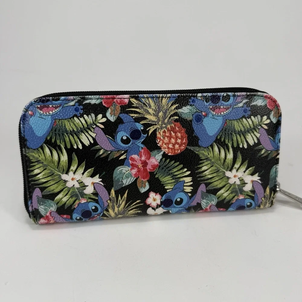 Disney Loungefly Stitch Tropical Floral‎ Zip Around Wallet Black Hawaiian Aloha